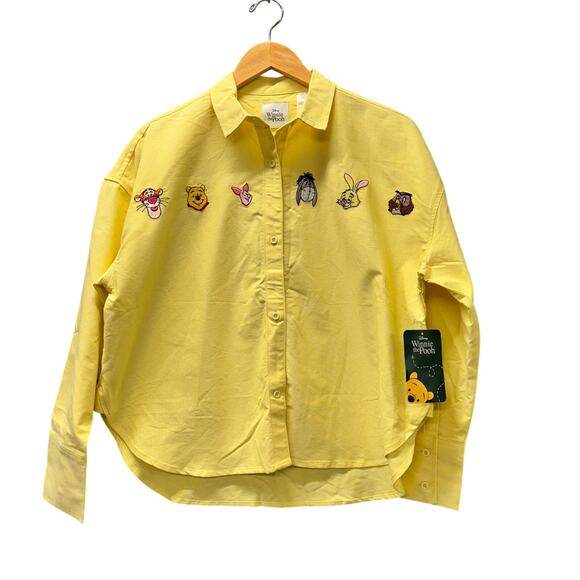 Disney Winnie the Pooh Shirt Womens Small Yellow Embroidered Button Up NEW - Picture 1 of 11